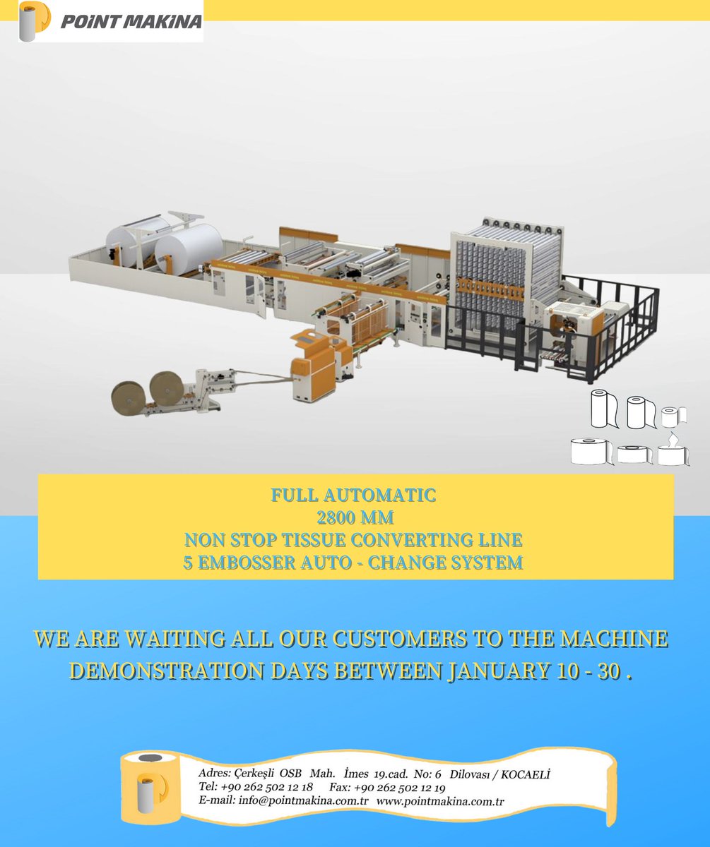 PointMakina's tweet image. We are waiting all our customers to the machine demonstration days between january 10 - 30 .

10 Ocak - 30 Ocak tarihleri arasında tüm müşterilerimizi makina tanıtım günlerine bekliyoruz.

#pointmakina #tissue #tissuemachine #tissuemakingmachine #napkinmachine #kitchentowel