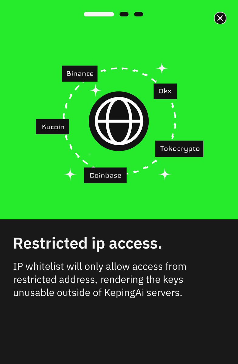 KepingAI's tweet photo. Security upgrade is live to production, check us out.
1/ IP Whitelisting: to ensure our users api-connection safety and security, we prevent any requests outside of KepingAi's servers.
#safu #cryptobots #kepingai #cybersecurity #ai #artificialintelligence #cryptocurrency https://t.co/VZL3xkGlPj