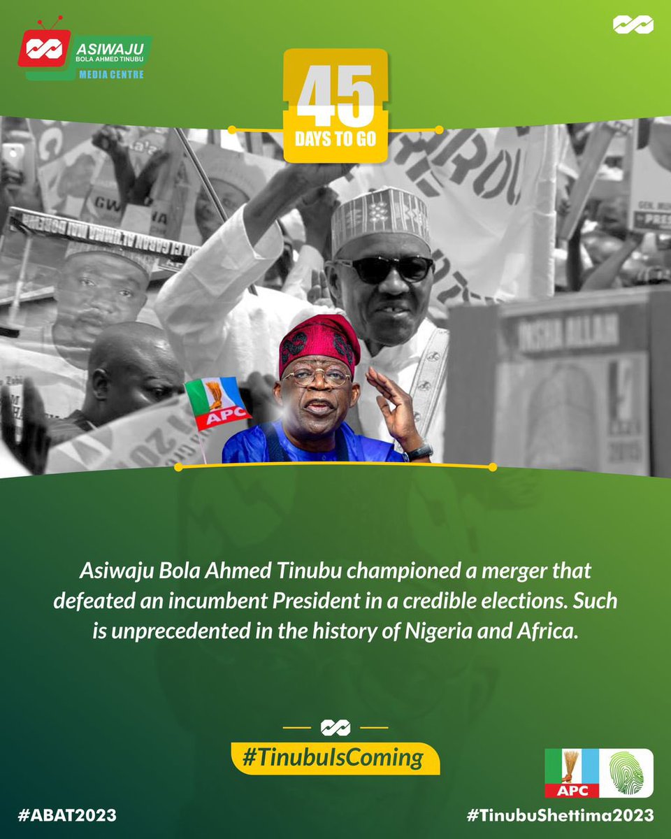 PBATMediaCentre's tweet photo. Did you know that APC’s merger in 2013 was the first time since 1960 that political parties were able complete a merger process?

Former attempts failed because their leaders could not make sacrifices needed. 

Asiwaju led a merger that buried egos to beat PDP.

#TinubuisComing https://t.co/she3NYSh3k