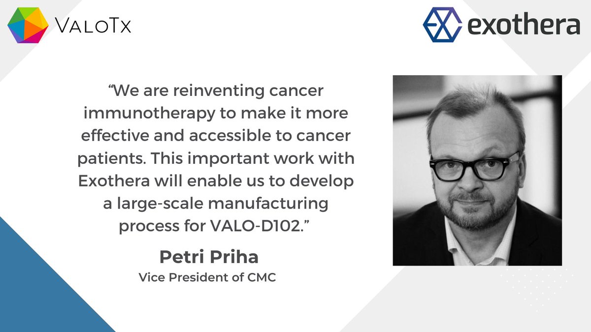 We’re delighted to announce <a href="/ExotheraWorld/">Exothera</a> will be developing a large-scale manufacturing process for the clinical development of VALO-D102, our proprietary oncolytic adenovirus which forms part of our PeptiCRAd (Peptide-coated Conditionally Replicating Adenovirus) platform.