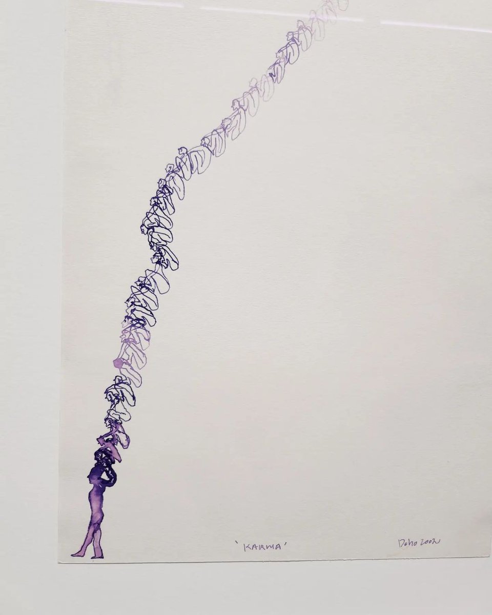forever_Spring7's tweet photo. Le dessin à l'aquarelle que Namjoon a partagé intitulé "Karma" de l'artiste Do Ho Suh est un croquis de sa sculpture en acier représentant une tour d'hommes aveuglés. 🫣 https://t.co/XoU7HUnpYD