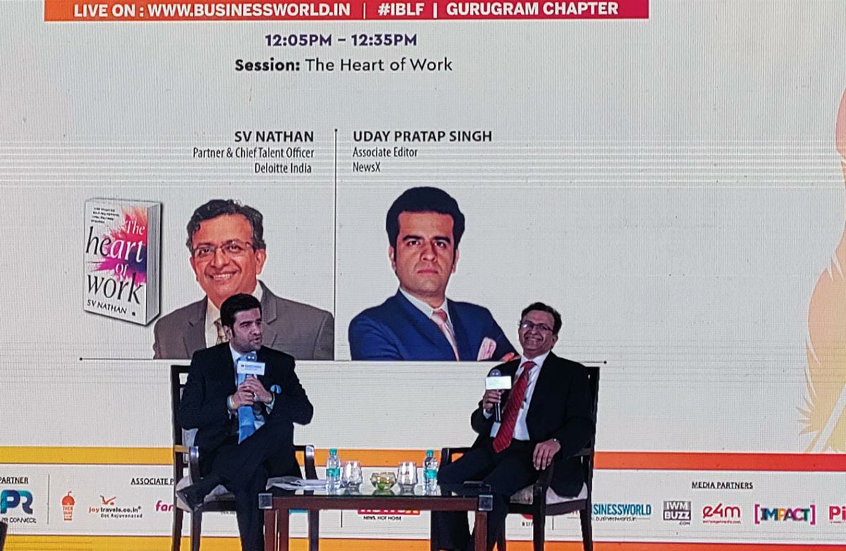 BWBusinessworld's tweet photo. Live:  @Nathansv, Partner &amp; Chief Talent Officer, @DeloitteIndia discussing his book "The Heart of Work" with @UdayPratapSingh, Associate Editor, @NewsX at 4th Edition of the Indian Business Literature Festival #IBLF #GurugramChapter

Join on: https://t.co/oVZcEoypJY https://t.co/G4eb10dkpe