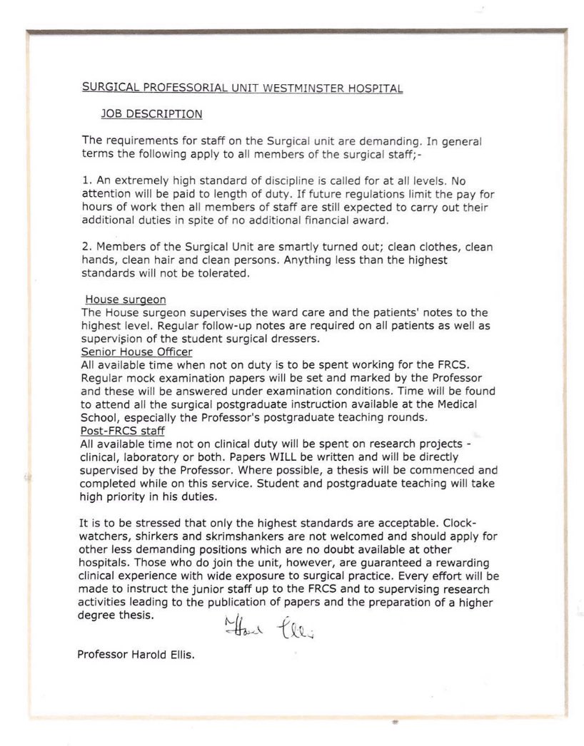timcs1968's tweet photo. @MarkCheetham I remember him telling us that he was begrudgingly given the afternoon off to get married. I have his job description covering house surgeon, SHO &amp; post-FRCS staff at Westminster hospital on my wall in the office. It’s epic. https://t.co/CAg9jDB7am
