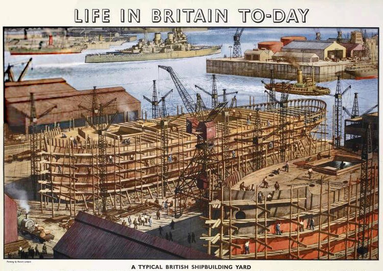 LBFlyawayhome's tweet photo. Other work of the Ladybird artists 
‘A Typical British Shipbuilding Yard’
(1940s)  #RonaldLampitt https://t.co/sFMhdy3cyr