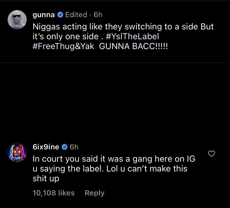 LAxFLAME's tweet photo. 6ix9ine was quick to comment on Gunna’s post 😭 https://t.co/H4q1ICmerH