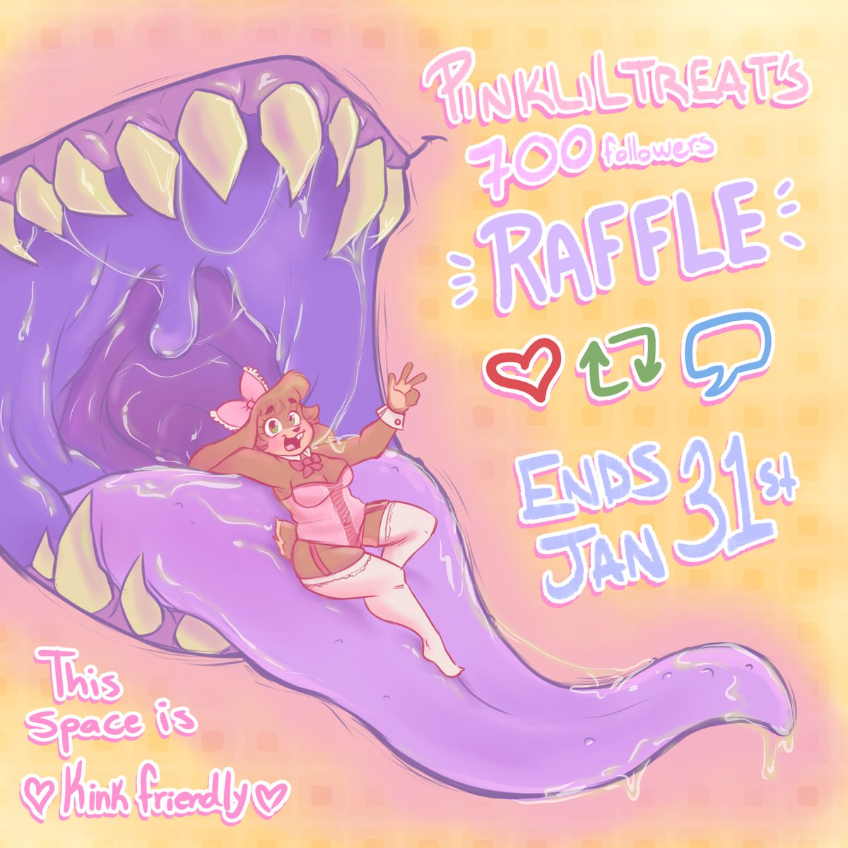 ૮ ˶´ ᵕˋ ˶ა tysm for 700 followers 𓆩♡𓆪
Let’s celebrate with a NSFW raffle! 
♡ Like &amp; rt
♡ Comment a pic and your favorite kink (can be an OC or fandom, must be +18)
♡ Winner will get one full body chara. 

Good luck! ٩(ˊᗜˋ*)و ♡
#Sizetwitter #vore #sfwgt #furry #kink