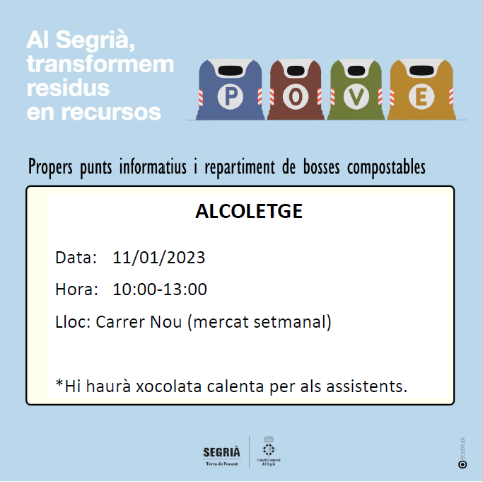 Bon dia! Avui estarem a Alcoletge. No dubtis en preguntar-nos qualsevol dubte sobre la separació dels residus! Ens hi trobareu a partir de les 10h. <a href="/ajuntament/">Ajuntament</a>.alcoletge <a href="/SegriaResidus/">Segrià Residus</a> #CompromisSegrià #TerradePonent #RecollidaSelectiva #Reciclatge #Orgànica #compostatge