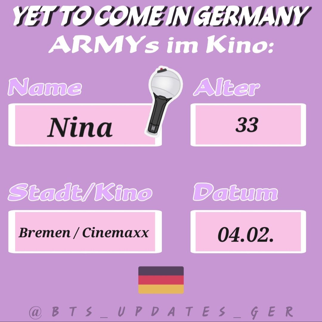 NinaWi10's tweet photo. @BTS_UPDATES_GER 
#YetToComeInGermany 
#BTSARMY 
💜💜💜 https://t.co/4Woas5p0zp