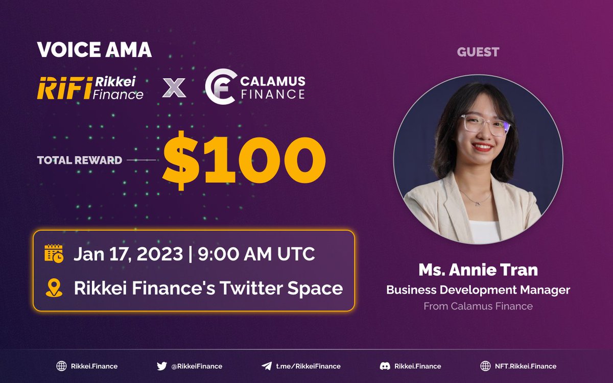 RikkeiFinance's tweet photo. @RikkeiFinance x @CalamusFinance Voice #AMA
⏰ 9AM UTC - 17th Jan, 2023
📍Rikkei Finance's Twitter Space

AMA #Giveaway on the sidelines: 
✨ Total prize pool: $100 BUSD
🏆 10 Lucky Winners
✨ Link: https://t.co/7BjJz0uq6q

Join us in the AMA and complete all tasks to win a prize https://t.co/gsD46dNdOS