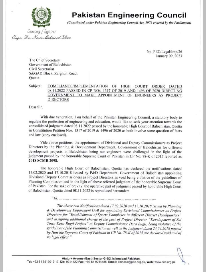 EngrChZeeshan's tweet photo. Pakistan Engineering Council (PEC) letter to CS Balochistan regarding implementation of High Court decision of appointing/posting Engineer as project director in development projects.

#PakistanEngineeringCouncil  #Engineers #youngengineers #PakEngineers https://t.co/PHJl2ieIqB