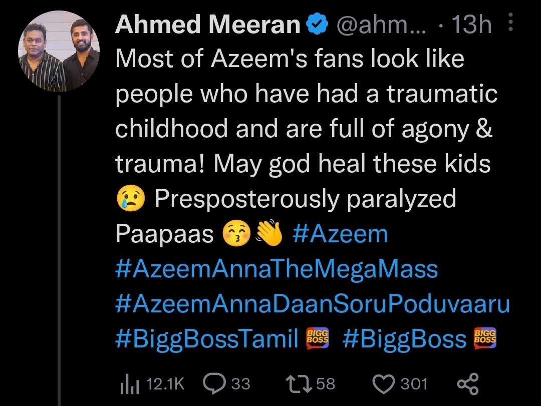 Spineless and not guts coward 😂😂
@ahmedmeeranoffl 
If you have guts post this tweet again 
@actor_azeem note this 🤐
Next season ulla po 1st week nee dhan elimination kanna 😂
#MakkalNayaganAzeem
#Azeem
#BB6WinnerAzeem
#BiggBossTamil   
#BiggBoss6Tamil