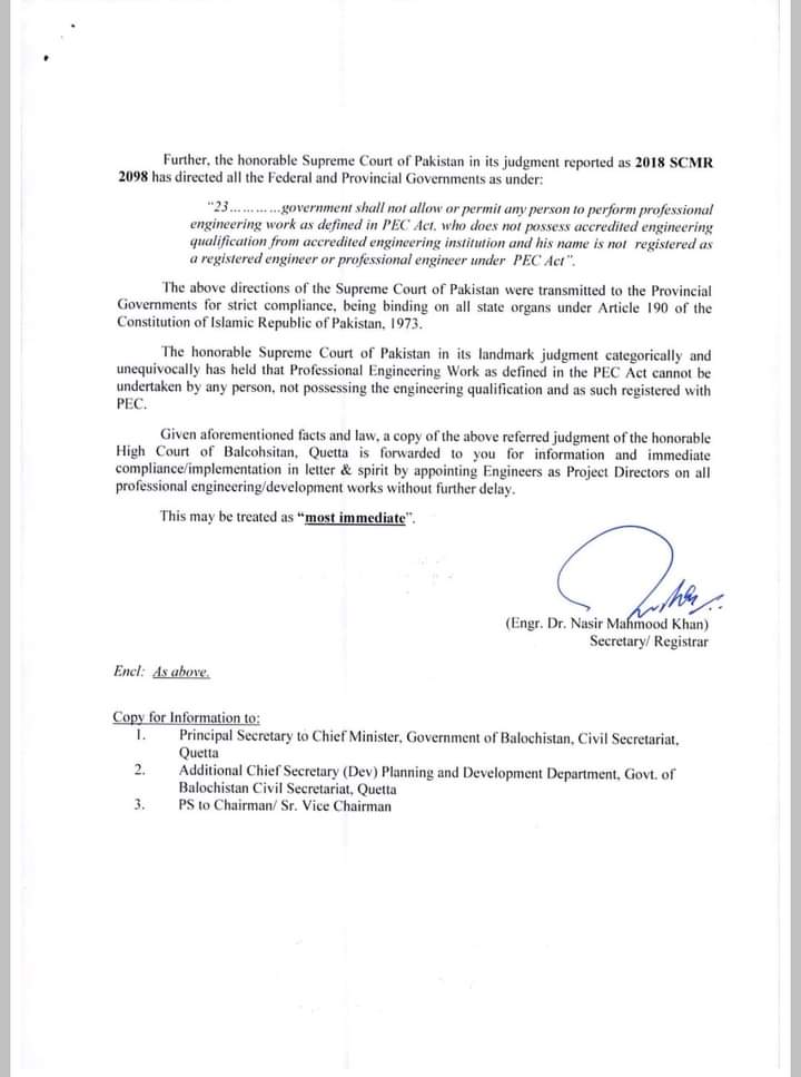 EngrChZeeshan's tweet photo. Pakistan Engineering Council (PEC) letter to CS Balochistan regarding implementation of High Court decision of appointing/posting Engineer as project director in development projects.

#PakistanEngineeringCouncil  #Engineers #youngengineers #PakEngineers https://t.co/PHJl2ieIqB
