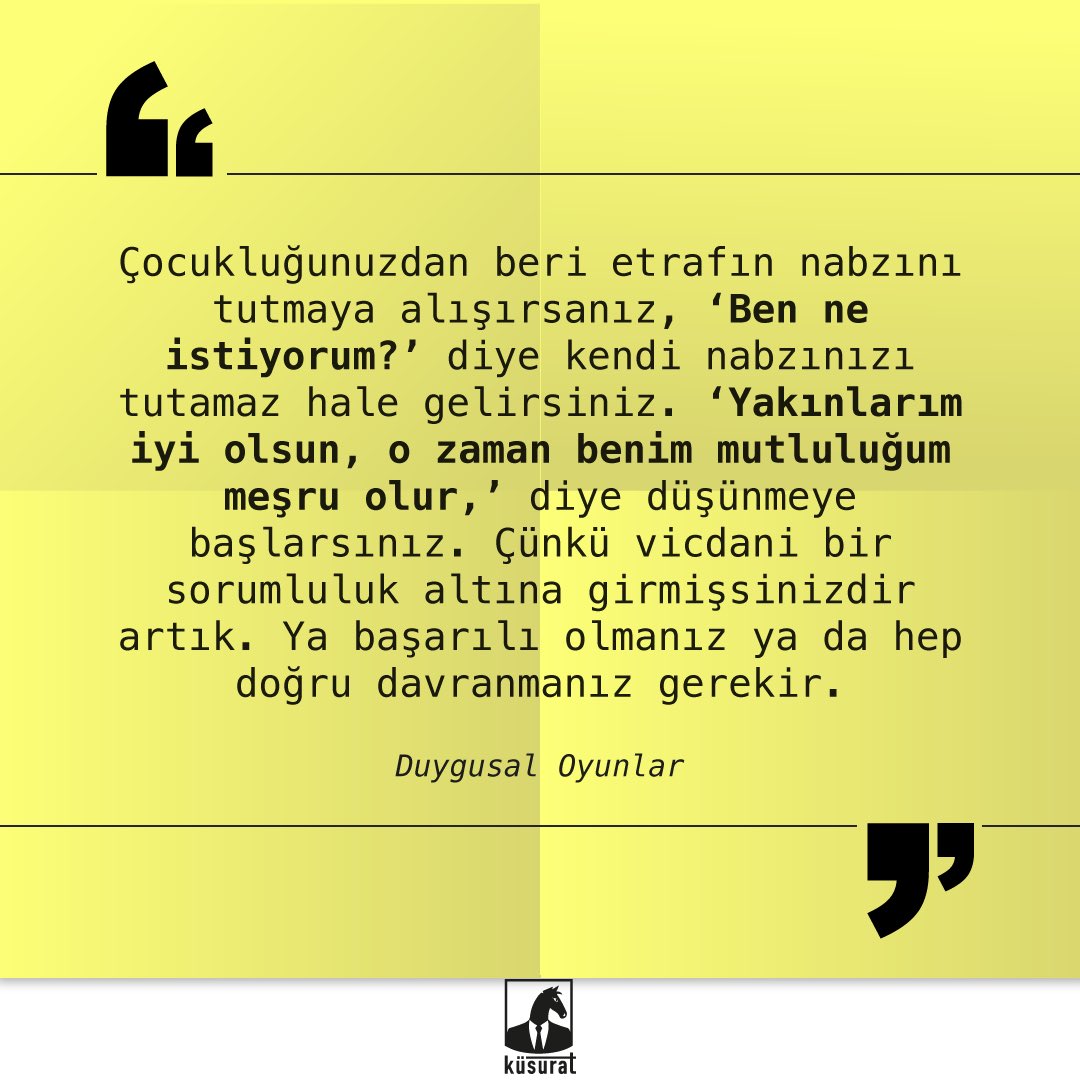 kusuratyayin's tweet photo. Çocukluğunuzdan beri etrafın nabzını tutmaya alışırsanız, ‘Ben ne istiyorum?’ diye kendi nabzınızı tutamaz hale gelirsiniz. ‘Yakınlarım iyi olsun, o zaman benim mutluluğum meşru olur,’ diye düşünmeye başlarsınız. Çünkü vicdani bir sorumluluk altına girmişsinizdir. 
@drbahartezcan https://t.co/19j6goeBxz