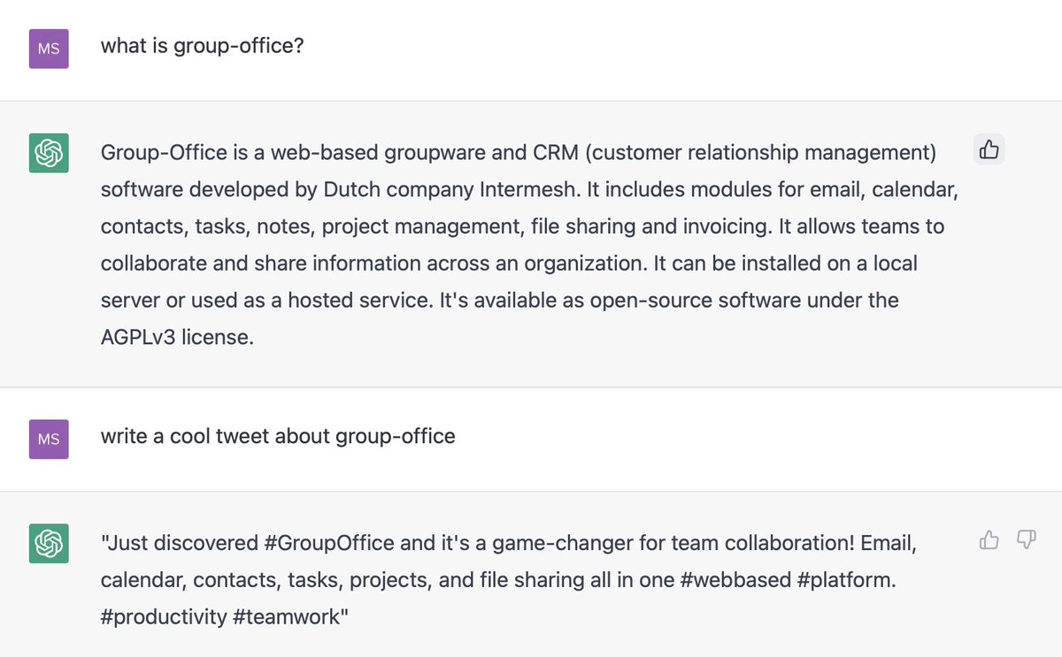 GroupOffice's tweet photo. #ChatGPT  likes #GroupOffice :) https://t.co/OTQ7IgdBWY