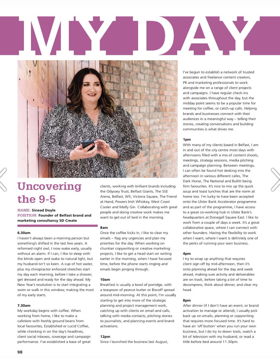 Sinead Doyle (@sineaddoyle) on Twitter photo Running your own business is definitely not a 9 to 5 job but you can design your work day around your lifestyle. Thanks to <a href="/newsmulg/">John Mulgrew</a> for the opportunity to reflect on ‘My Day’ <a href="/SDCreateCo/">SDCreateCo</a> in the latest issue of <a href="/UlsterBusiness/">Ulster Business</a>
Read online here: issuu.com/ulster_busines… Running your own business is definitely not a 9 to 5 job but you can design your work day around your lifestyle. Thanks to <a href="/newsmulg/">John Mulgrew</a> for the opportunity to reflect on ‘My Day’ <a href="/SDCreateCo/">SDCreateCo</a> in the latest issue of <a href="/UlsterBusiness/">Ulster Business</a>
Read online here: issuu.com/ulster_busines…