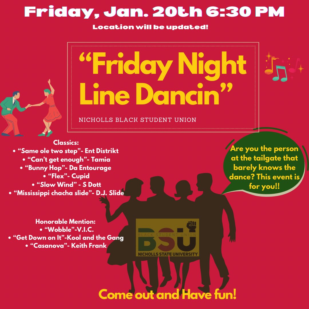 NichollsBSU's tweet photo. Come out, Line Dance, and Have some fun! The First Friday of the Spring Semester.
💚❤️🖤#nichollsstate #bsucreww https://t.co/rzjoWgmU7u