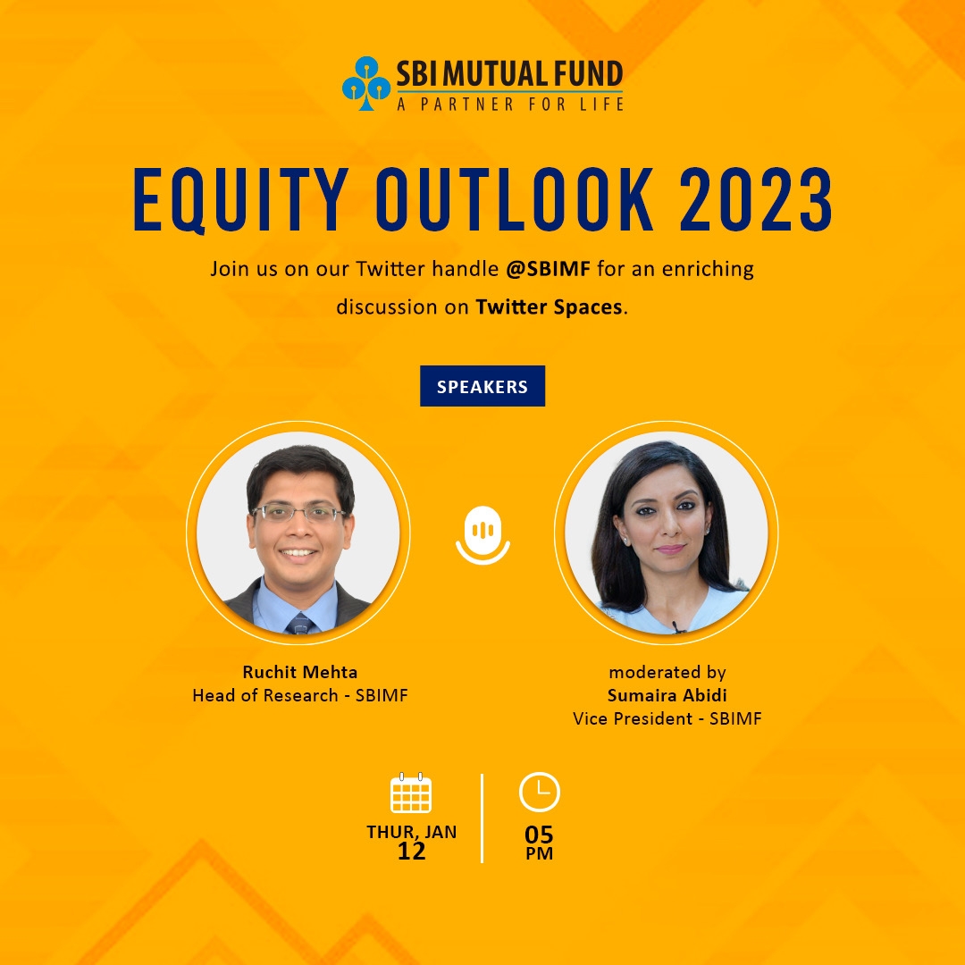 SBIMF's tweet photo. We are back with yet another exciting #TwitterSpacesSession! Join us alongside @ruchit_m, for the conversation moderated by @SumairaAbidi, as they discuss the Equity Outlook 2023. Set a reminder for January 12 at 5 PM! Be the first to know: https://t.co/lHFkRpVNZ0 #TwitterSpace https://t.co/PAdriuHgo5
