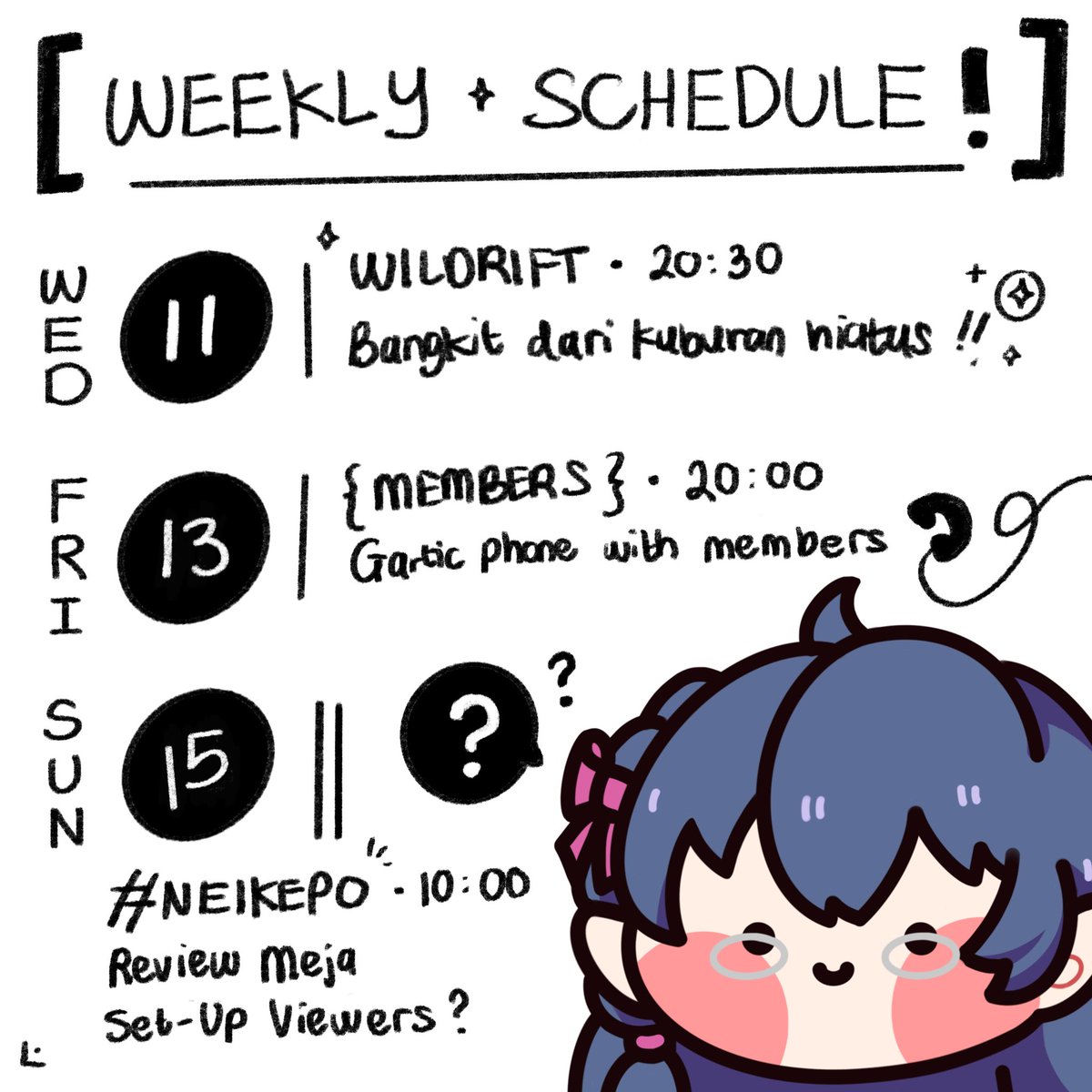 neisavoetius's tweet photo. This week’s scuffed schedule is aauuPP!
Better late than never! ;v;)b

✧ Weekly Schedule for Jan 09 - Jan 15 ✧
!socials : https://t.co/nuv9261fGU

General &amp; Info : #NeisaVoetius
Fanart - #Neisketch (18-) #PPNeisa (18+)
Memes - #Neismeme
Stream/Clips - #Neisdream https://t.co/D55SvEE6Ma