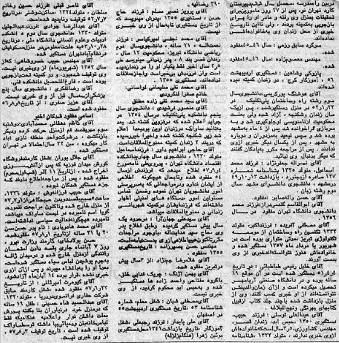 🔴 #بازخوانی_تاریخ 

در ۲۱ دی ۱۳۵۷، روزنامه آیندگان، همزمان با انتشار خبر آزادی ۶۵ زندانی سیاسی، اسامی ده‌ها نفر از کسانی که در دهه‌۴۰-۵۰ پس از بازداشت یا به اشکال مشکوک دیگر مفقود شده یا زیر شکنجه کشته شده بودند را منتشر کرد [احتمالا پیکرها مفقود شده که نامشان در این لیست است]👇🏽