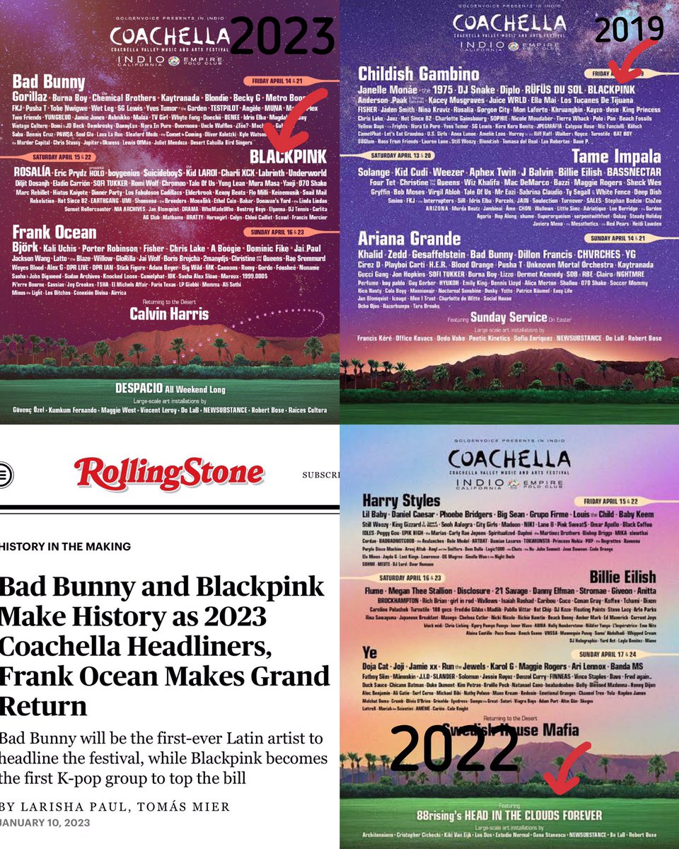 @lookatnisa @dollsynk 'bl1nk' going around w/:the first as official 'headliner' at the main stage, which only 3 main act as headliners given 2-3 hours slot for 2 days n Blackpink is the first Korean/Asian act to do so. aespa was part of 88rising showcase at coachella 2022 along with many other artist