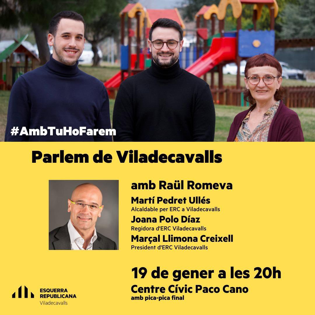 esquerravila's tweet photo. 👋🏼Bon dia!
Volem parlar amb tu de #Viladecavalls i del projecte que tenim pel nostre poble!

📌Dijous 19/01, a les ⏰20:00h, al CC Paco Cano (Can Trias).

Vine a dir la teva!

👉🏽Comptarem amb la presència de @raulromeva i en acabat hi haurà pica-pica per les persones assistents. https://t.co/PeALd8I3f4
