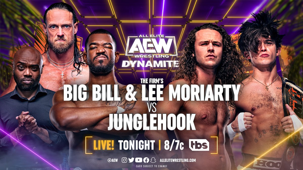 明日の #AEWDynamite は朝10時から。  ストークリー・ハサウェイ率いるザ・ファームのビッグビルとリー・モリアーティとの決着をつけるため、ジャングルボーイは、自身の地元ロサンゼルスでフックと一夜限りのタッグを結成します。  ▶️https://t.co/AJ2Kn88gGQ 月6.99ドル ...