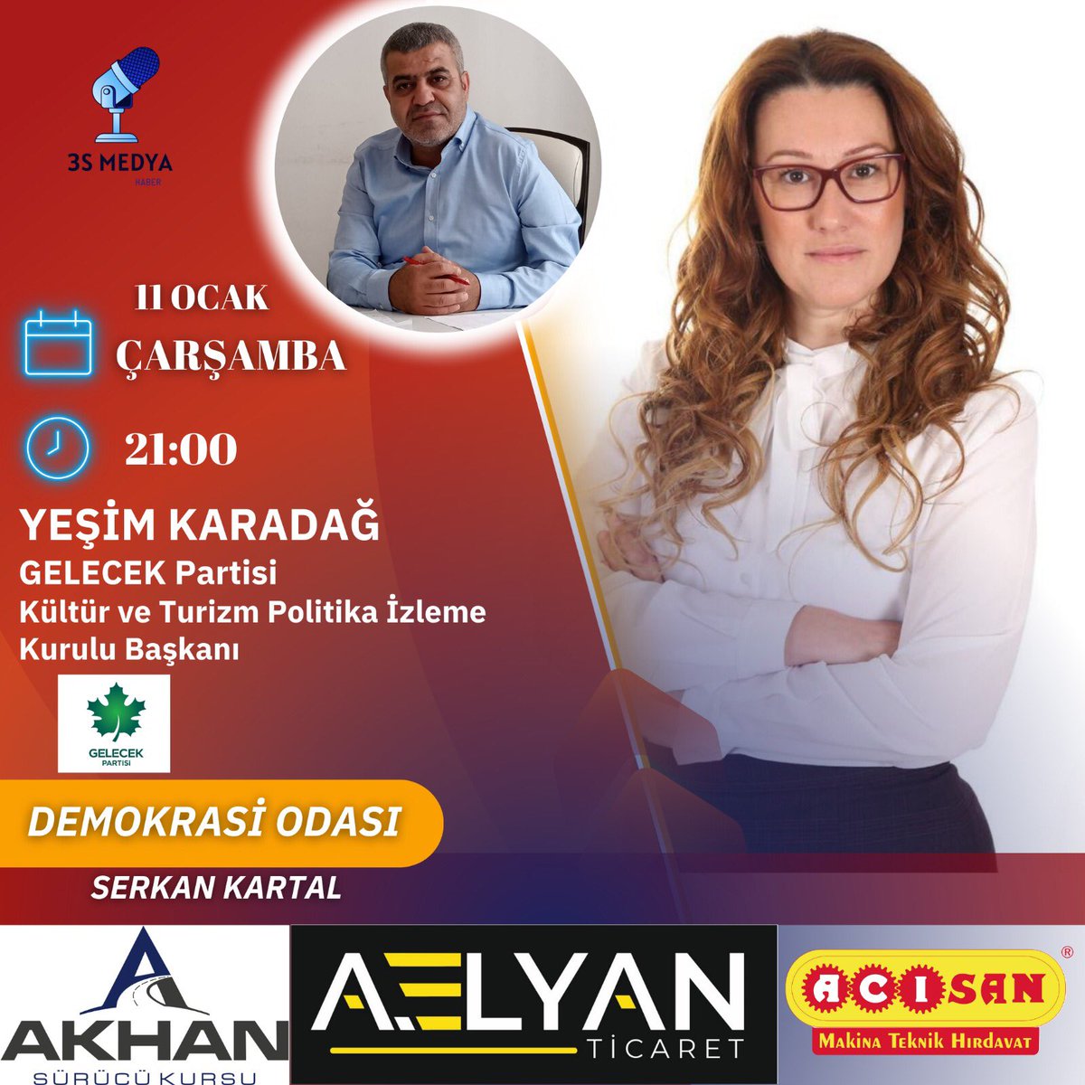 Kültür ve Turizm Politikaları Başkanı Sayın Yeşim Karadağ, Serkan Kartal ile Demokrasi Odası programının konuğu olacak.
<a href="/karadagyesim/">Dr. Yeşim KARADAĞ</a> <a href="/Ahmet_Davutoglu/">Ahmet Davutoğlu</a> 

🗓  11 Ocak Çarşamba
⏰  21.00 
📺  3S Media