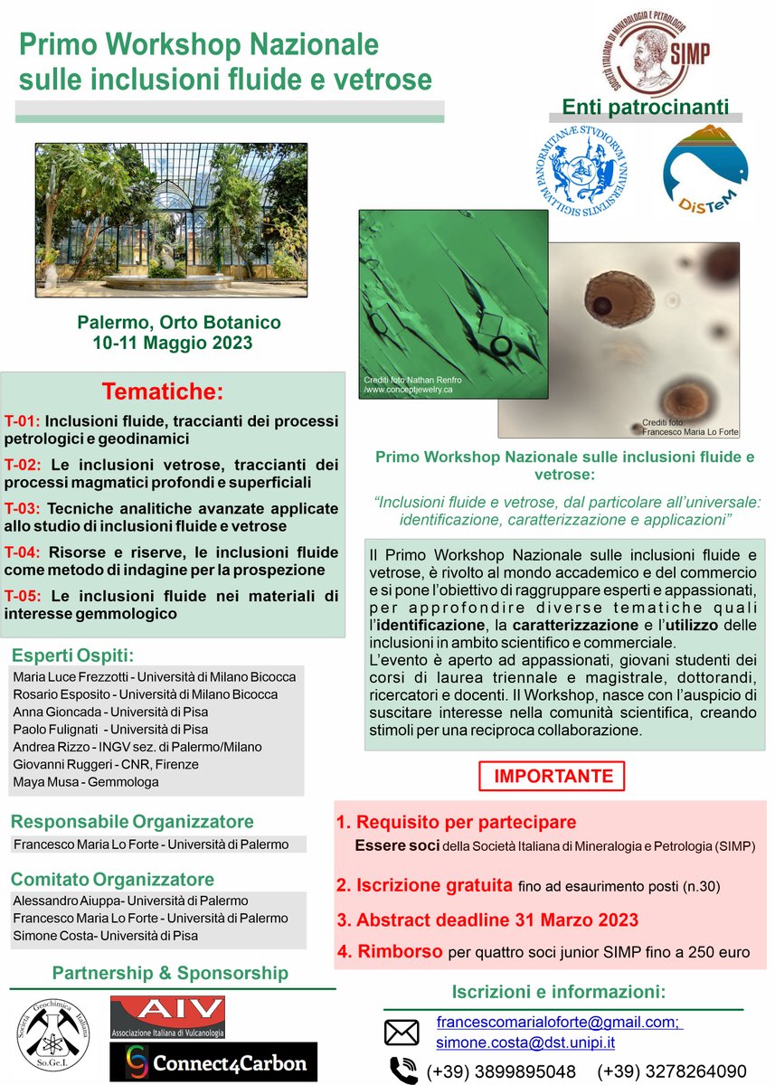 First Italian National Workshop on Fluid and Melt Inclusions, 10-11 May 2023 at Botanical Garden of Palermo (Italy).
#distem #unipa #volcanology #Geology 

<a href="/AIVulcan/">Vulcan AI</a> <a href="/soc_min_pet/">Società Italiana di Mineralogia e Petrologia</a> <a href="/sandro_aiuppa/">Sandro Aiuppa</a> <a href="/Andrea_Rizzo_/">Andrea L. Rizzo</a> <a href="/SSimone_Costa/">Simone_Costa</a>