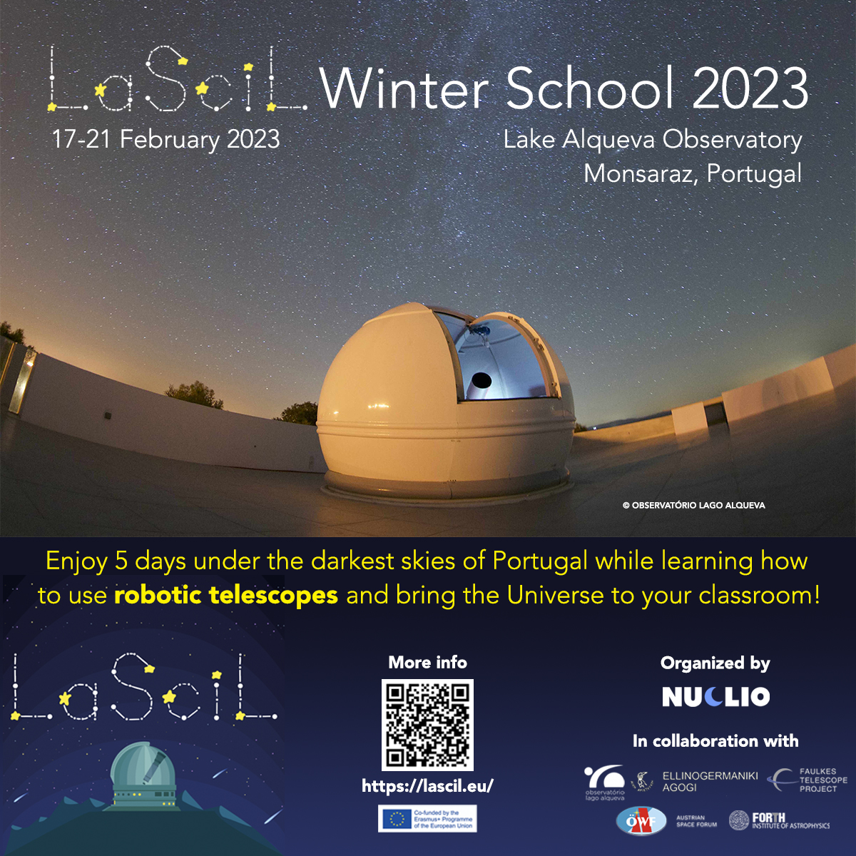 esia_eu's tweet photo. 🔭 LaSciL Winter School 2023 - Alqueva - @LaSciL_project
📅 17-21 February - Alqueva Lake Observatory, Monsaraz, Portugal
👉 Read more/Register: https://t.co/sIo6skl3xV
#LaSciL #WinterSchool #DarkSkies #RoboticTelescopes https://t.co/4qvQ7ZaEhZ