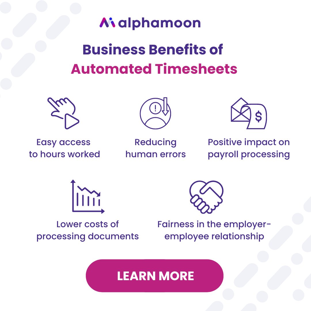 Looking for a reason to introduce #timesheet automation in your business? 💡

We’ll give you 3:
✅ Serious cost reduction
✅ Faster payroll processes
✅ Decrease in human-caused errors

Best of all? Find all benefits in our article. 👇
alphamoon.ai/benefits-of-au…