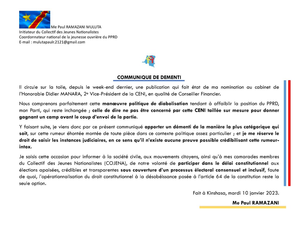 PaulRamazani_M's tweet photo. #RDC : La position du PPRD, mon Parti, reste inchangée. https://t.co/Z1Wy1OtwhI