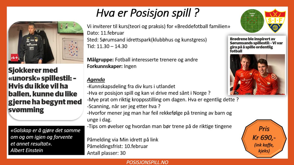 Lørdag den 11.februar inviterer vi til kurs om Posisjon spill i Idrettsparken på Sørumsand. Kurset er en blanding av teori og praksis.
Påmelding gjøres i Min idrett(klikk på linken under).
isonen.no/event/clcg7ua9…