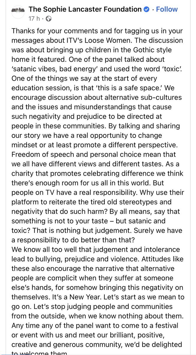 yasminesummanx's tweet photo. The Sophie Lancaster Foundation has spoken out on the Loose Women segment mocking alternative subcultures. https://t.co/es2ZRNsp04
