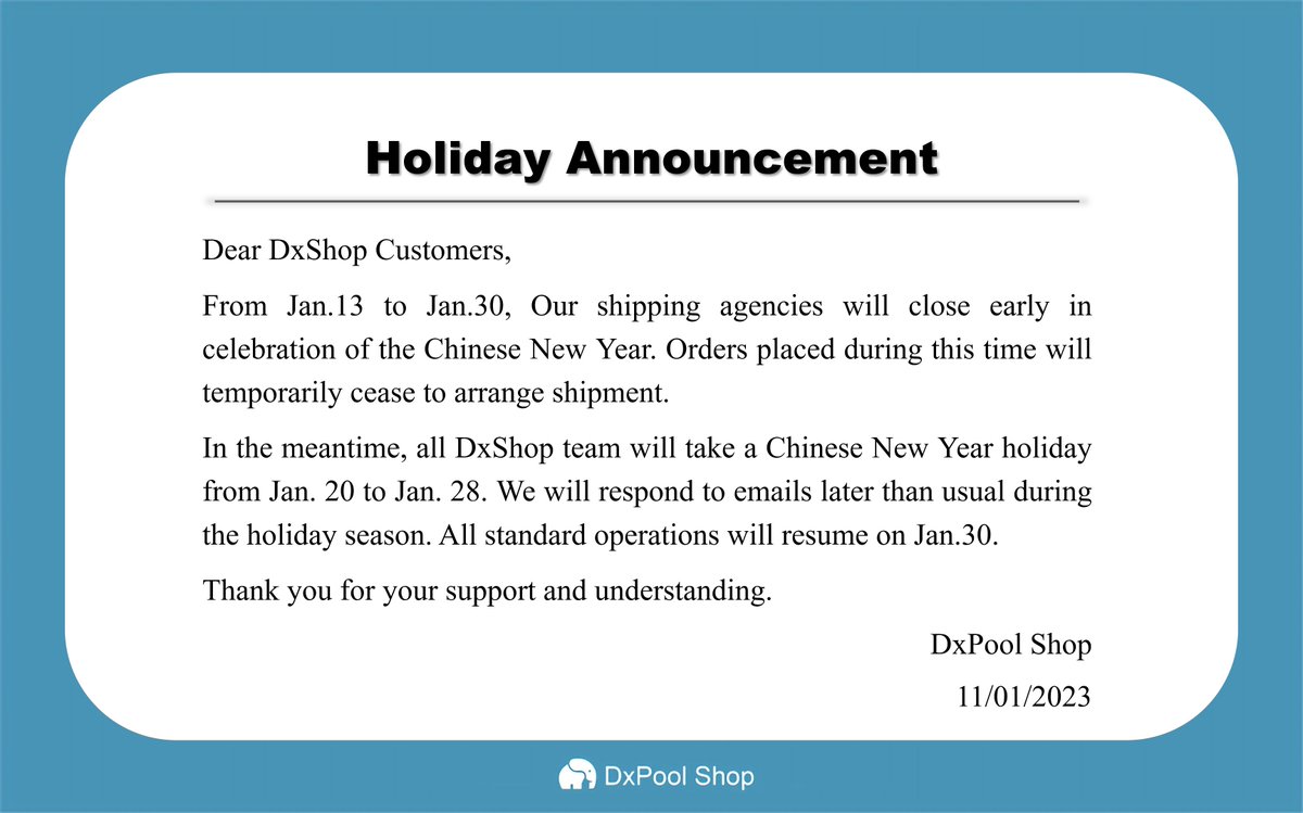 DxPoolShop's tweet photo. 🏮🏮Happy Chinese New Year

📅From Jan.13 to Jan.30, orders will cease to arrange shipment for the Chinese New Year.
📅From Jan. 20 to Jan. 28. Emails will be responded to later than usual. 

All standard operations will resume on Jan.30. https://t.co/1g9afF8jwr