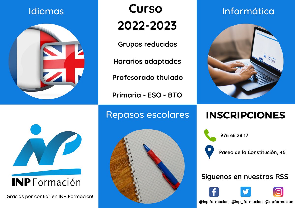 Inp_Formacion's tweet photo. ¿Quieres que tu hij@ mejore sus resultados académicos? ¿Quieres que tu hij@ adquiera competencias en idiomas o en informática?

En INP, contamos con clases de repasos, idiomas e informáticas para alumn@s de entre 7 y 16 años. ¡Llámanos para inscribir a tu hij@! 976 66 28 17 https://t.co/UhroyK2W1T