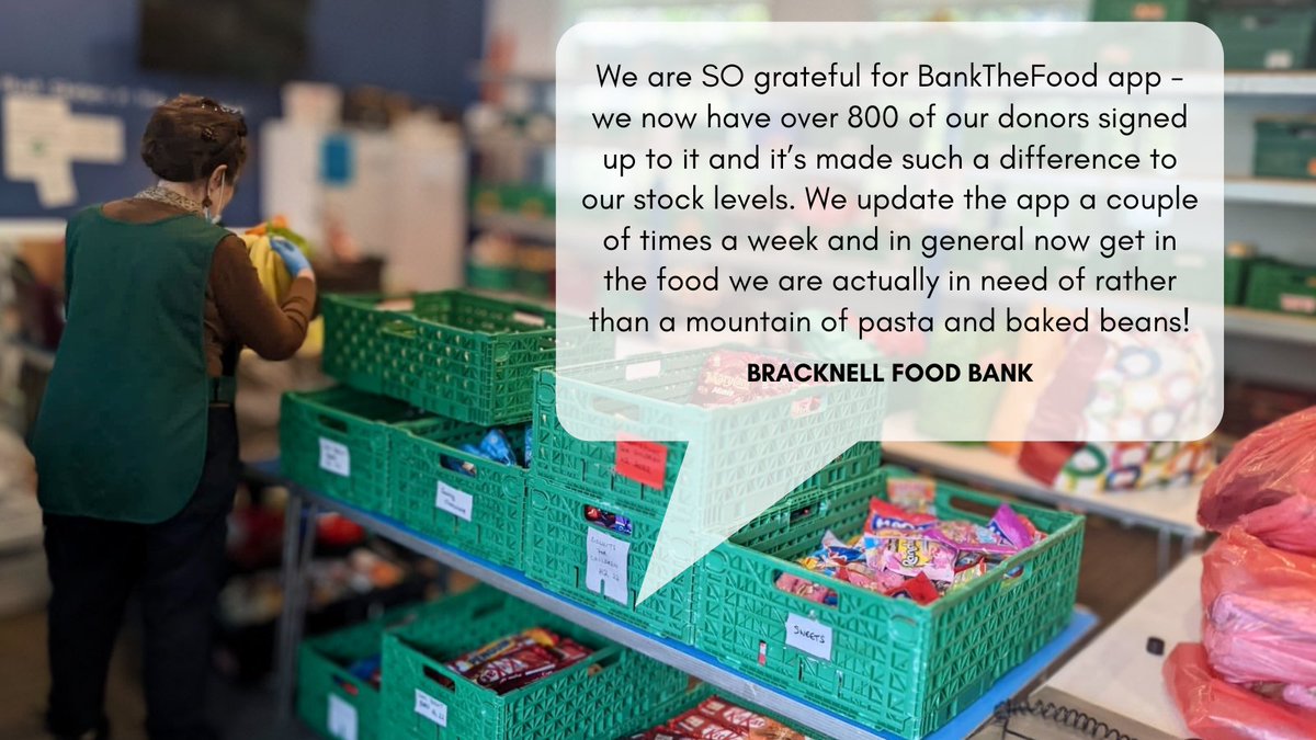 Food banks often end up with an overstock of frequently given items like baked beans, stretching resources to process and store. Our app solves this problem and current needs are communicated in real time. If <a href="/FoodbankBrack/">Bracknell Foodbank</a> is short on nappies then the app will let donors know.