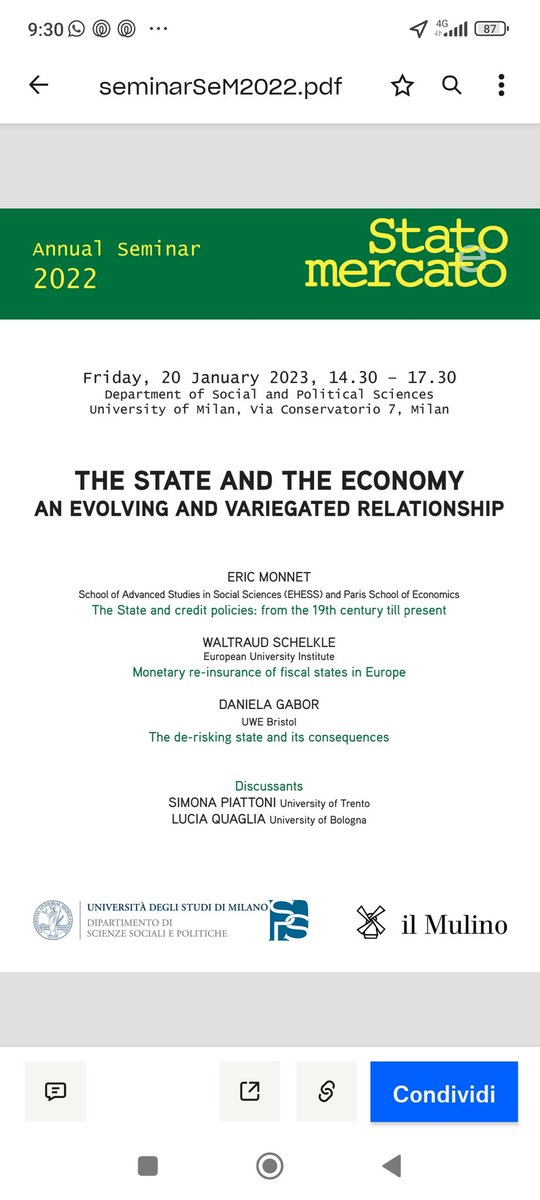 Stato&Mercato (@statoemercato) on Twitter photo 📣Don't miss our annual seminar on the relationship between the state and the economy!
Friday 20 Jan at 2.30 pm, Milan University. A precious occasion to discuss with Eric Monnet, Waltraud Schelkle, Daniela Gabor, Simona Piattoni and Lucia Quaglia <a href="/DanielaGabor/">Daniela Gabor</a>
<a href="/DipartimentoSPS/">Dip SPS - Unimi</a> 📣Don't miss our annual seminar on the relationship between the state and the economy!
Friday 20 Jan at 2.30 pm, Milan University. A precious occasion to discuss with Eric Monnet, Waltraud Schelkle, Daniela Gabor, Simona Piattoni and Lucia Quaglia <a href="/DanielaGabor/">Daniela Gabor</a>
<a href="/DipartimentoSPS/">Dip SPS - Unimi</a>