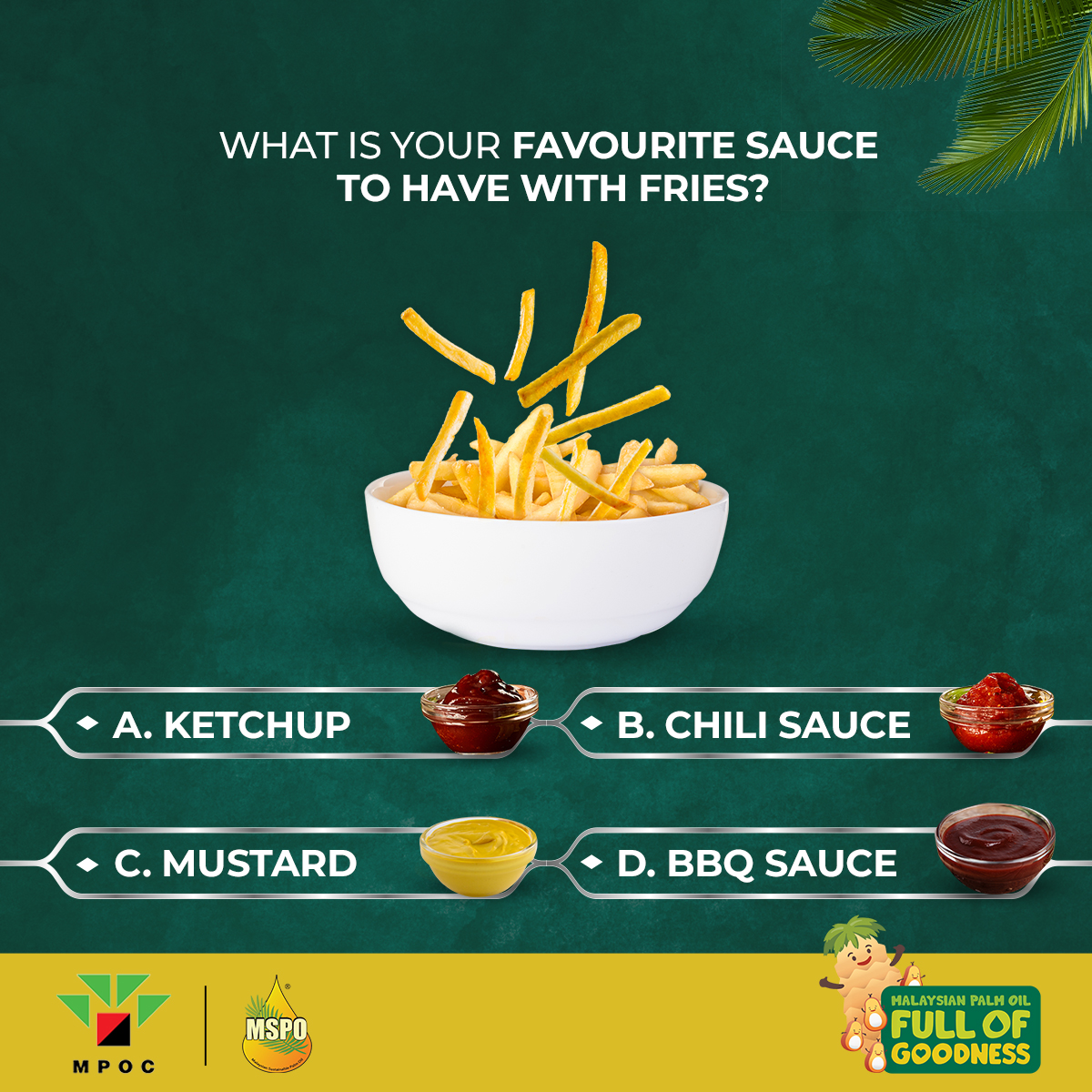MPOCPakistan's tweet photo. Many fast food chains use palm oil for deep frying, including for frying French fries. What is your favourite sauce to have with fries?

#MalaysianPalmOil #MPOC #FullofGoodness
#TheKeyInOurPalm #MalaysianSustainablePalmOil #HealthyPalmOil #PreparedinPalm #TheGlobalChoice https://t.co/J62xqvvmlw