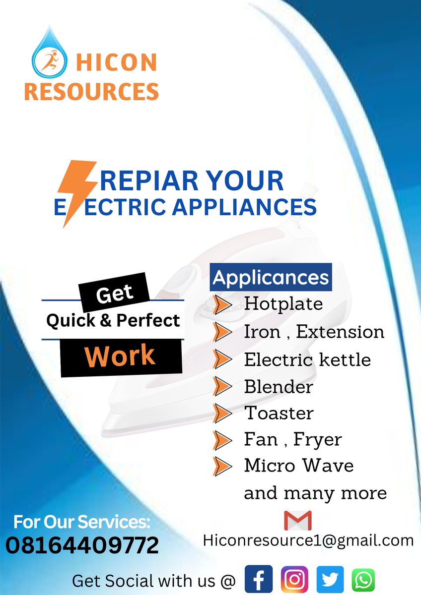 HiconResources1's tweet photo. ⚙️Get your electric appliances good and 100% working @Hiconresources 
#electricalwork #appliances #repair https://t.co/MEOsWGyB64