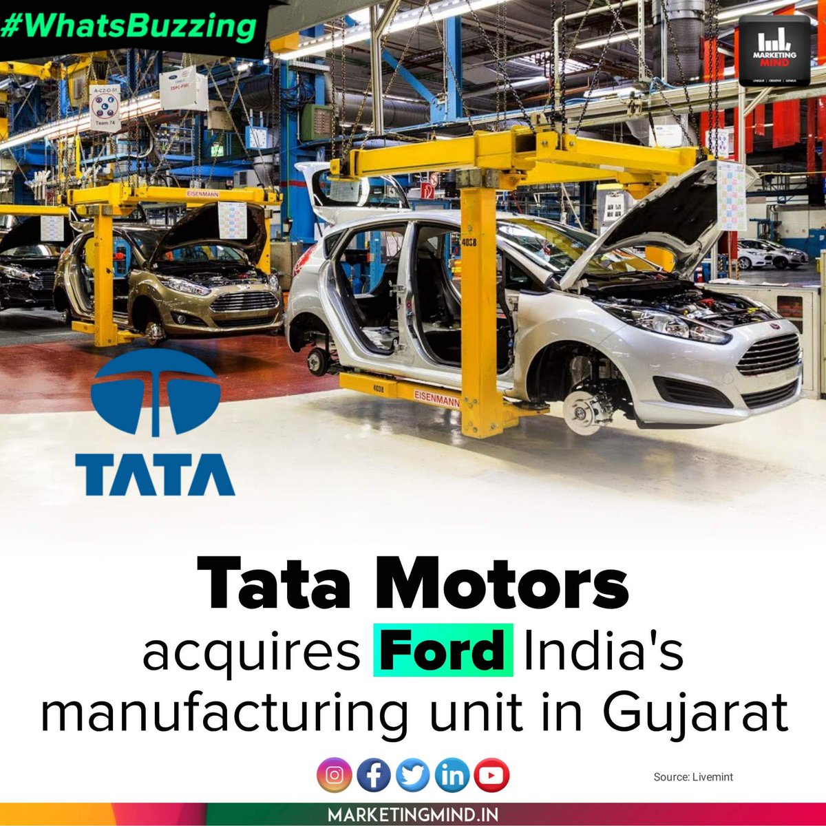 Tata Passenger Electric Mobility Ltd acquired Gujarat-based Ford India Pvt Ltd's (FIPL) for ₹725.7 crore

#MarketingMind #WhatsBuzzing #TataMotors #Ford