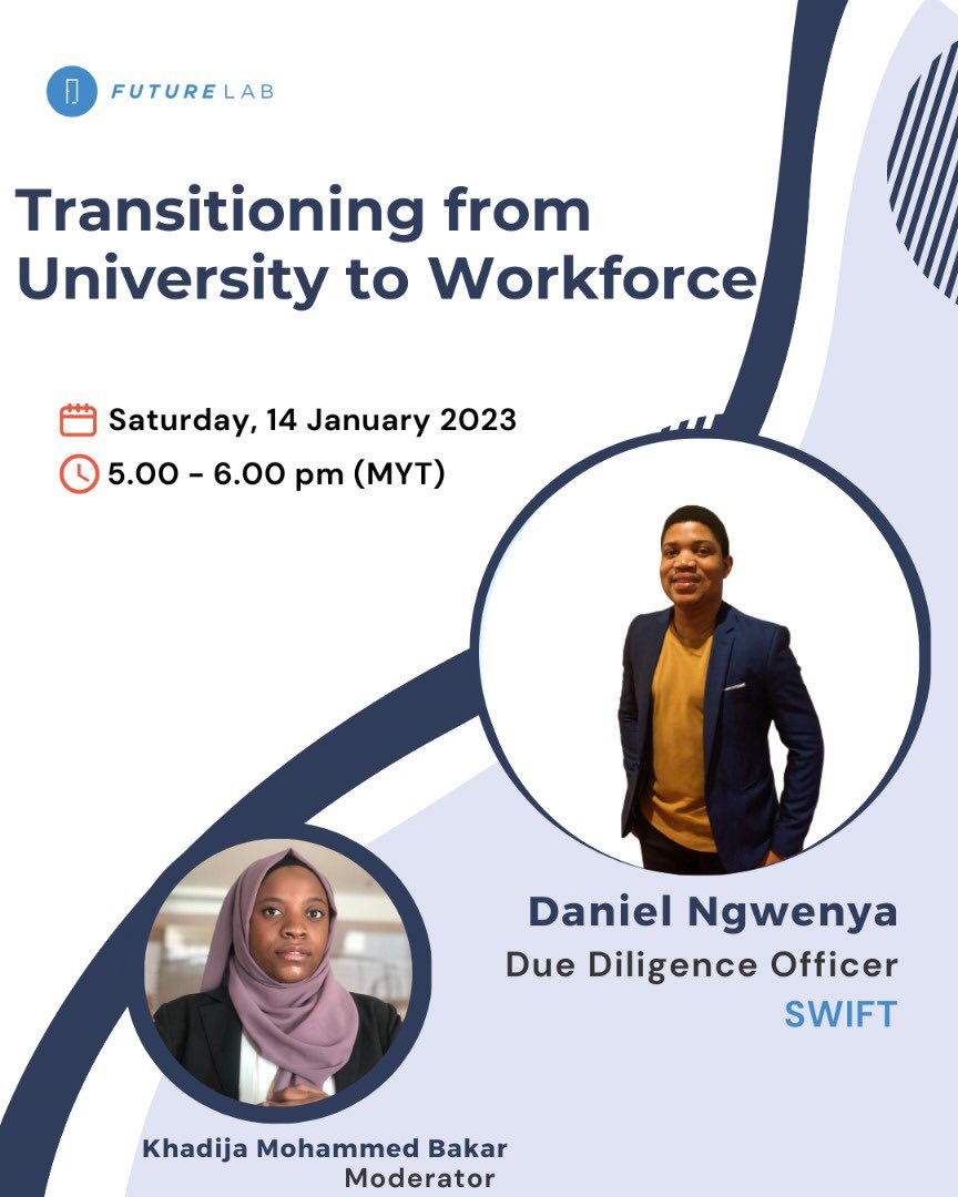 Khadija2199's tweet photo. *Transitioning from University to Workforce* by *Daniel Ngwenya* to learn more from his personal experience.

The talk would be conducted on:
📆Day: Saturday
⏲️Date: 14 January 2023 
⏰Time: 5:00 PM - 6.00 PM
📌Platform: Google Meet
📩Registration Link:https://t.co/vWFnw6dS2A https://t.co/DqfUOSUEDh