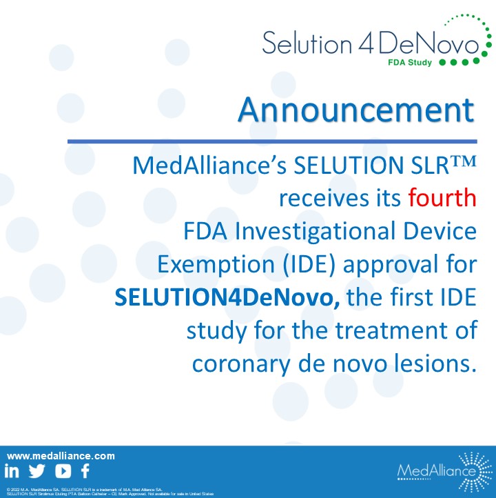 MedallianceSA's tweet photo. MedAlliance makes history !

The very first #DEB coronary IDE approval for de Novo lesions !

Click here to read the full press release: https://t.co/7OLgZH1c28

#SELUTIONSLR #SELUTION4DeNovo #coronaryarterydisease #clinicaltrials #DCB #FDA https://t.co/rwPeUleBad