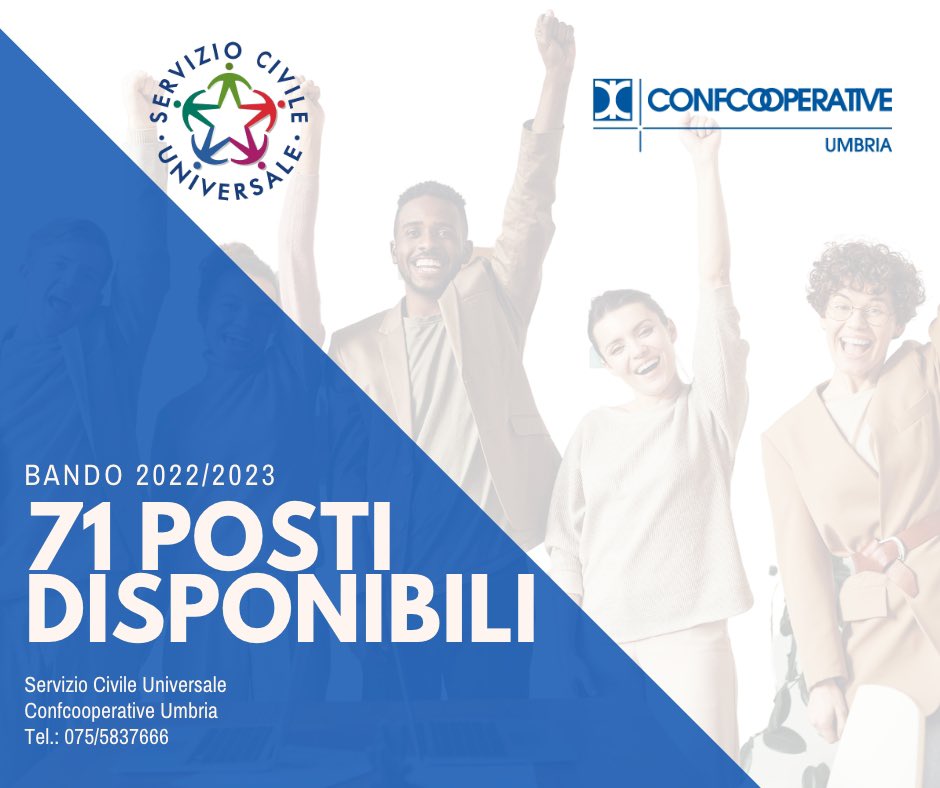 Diventa #volontario al #serviziocivileuniversale in #CONFCOOPERATIVE #UMBRIA.

✔️5 PROGETTI
✔️71 POSTI DISPONIBILI
✔️COME PRESENTARE DOMANDA: ESCLUSIVAMENTE ONLINE SULLA PIATTAFORMA PREDISPOSTA DAL DIPARTIMENTO domandaonline.serviziocivile.it TRAMITE SPID.