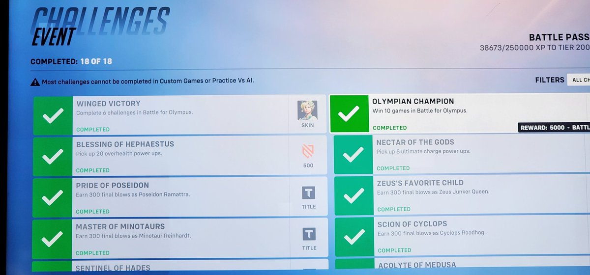 SlackerJosh's tweet image. Damn, the #BattleForOlympus event in @PlayOverwatch is a griiiinnnnddddd... but all 18 challenges complete! I don&apos;t think I&apos;ll ever play Widowmaker again, that was the absolute worst of all of them. *waits for my statue*