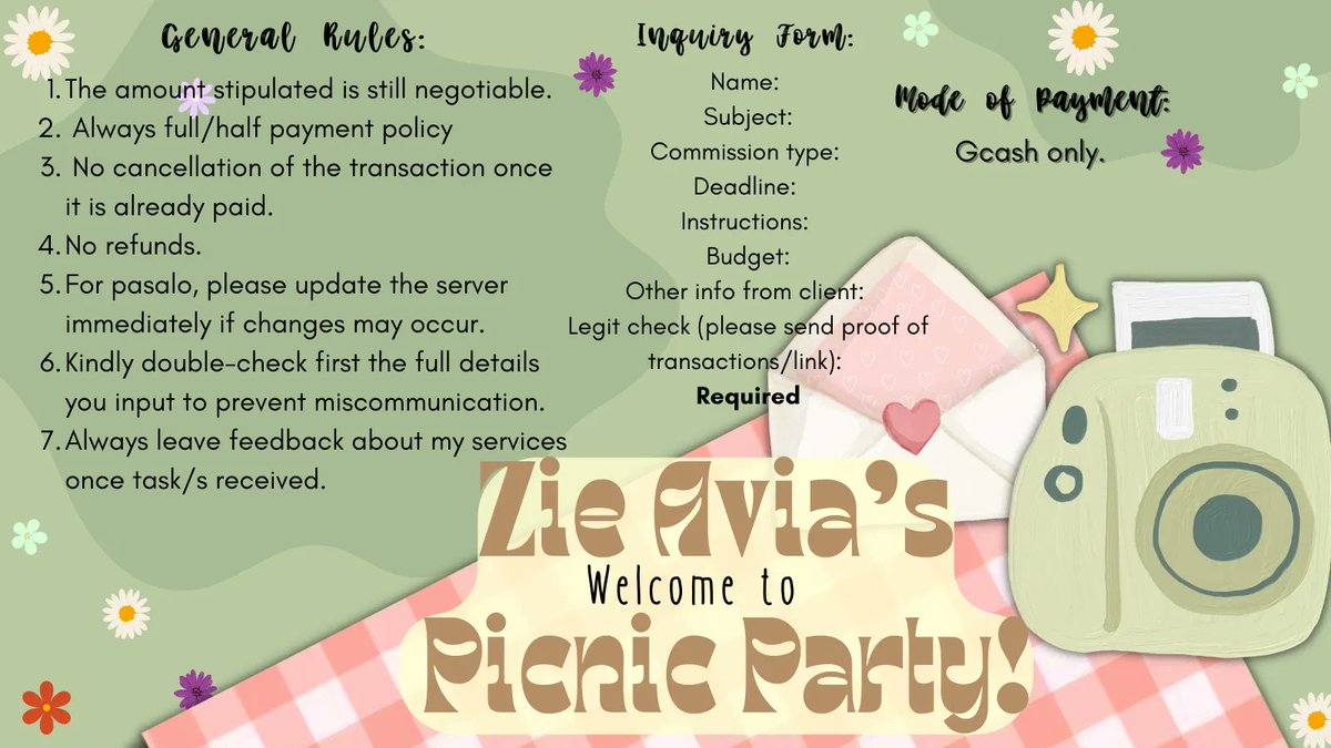 ZAcomms22's tweet photo. ⊰ 📬 | You've been invited to Zie Avia's Picnic Party! 

⊰ 💌 : Dear [Future Client], 
We'll give you the best quality service that we can, you just have to choose any of the delicacies below so we could accomodate you. We're looking forward to seeing you in our inbox. 
⊰ xx https://t.co/VAyYvKsygj