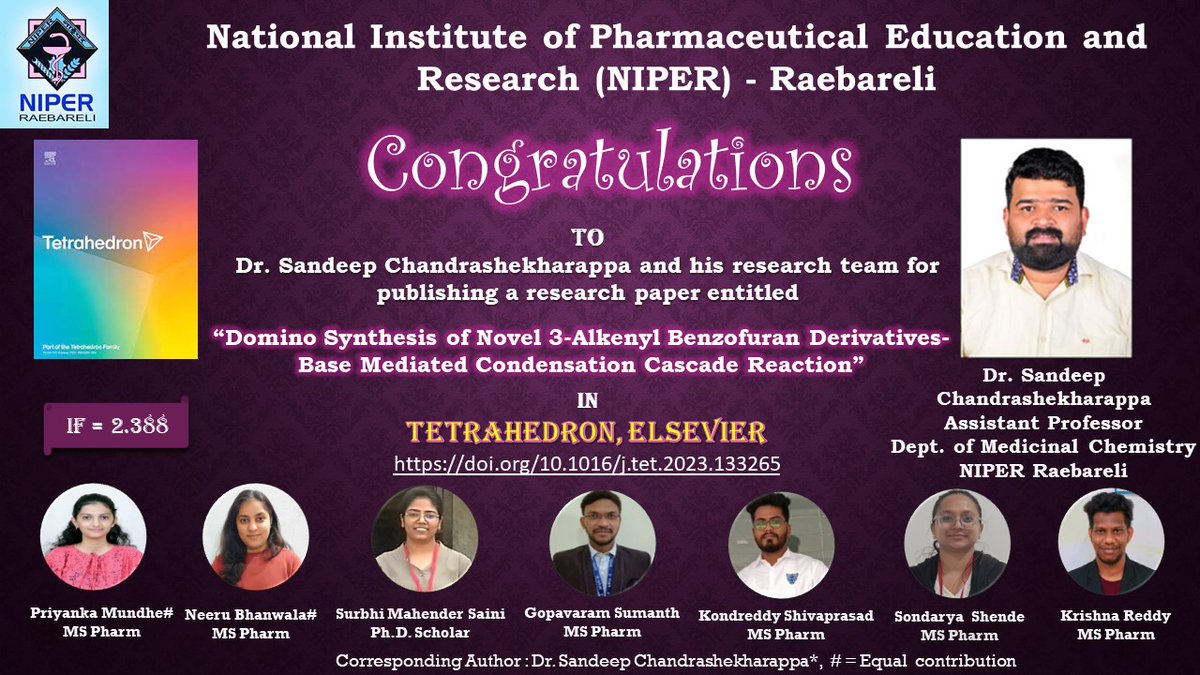 NIPER Raebareli (@niperraebareli) on Twitter photo <a href="/NIPERRaebareli/">NIPER Raebareli</a> congratulates Dr. Sandeep Chandrashekharappa and his research group for publishing a research article,"Domino Synthesis of Novel 3-Alkenyl Benzofuran Derivatives-Base Mediated Condensation Cascade Reaction" in Tetrahedron, #Elsevier #niperrbl <a href="/Pharmadept/">Department of Pharmaceuticals 🇮🇳</a> <a href="/NIPERRaebareli/">NIPER Raebareli</a> congratulates Dr. Sandeep Chandrashekharappa and his research group for publishing a research article,"Domino Synthesis of Novel 3-Alkenyl Benzofuran Derivatives-Base Mediated Condensation Cascade Reaction" in Tetrahedron, #Elsevier #niperrbl <a href="/Pharmadept/">Department of Pharmaceuticals 🇮🇳</a>