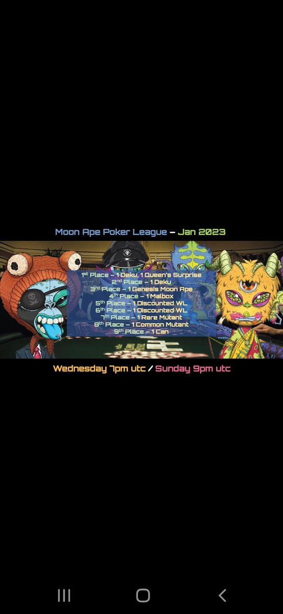 🚨🚨 So much fun going down <a href="/MoonApeLab/">Moon Ape Lab</a> for the community with some amazing prizes to be won. 😍A monthly poker tournament first game was last week so plenty of time to join. We also have a football ⚽️fantasy league part 2 which starts this weekend check it out in our discord 😉
