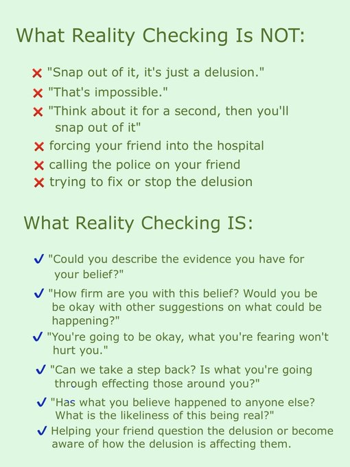 What is reality testing in psychosis?
Psychosis refers to a deficit in reality testing—the ability to differentiate self-generated stimuli (e.g., thoughts, imagery, and feelings) from external stimuli (i.e., perceptions) and assign appropriate meaning to experiences—with a lack of insight regarding the deficit.

Reality Testing - an overview | ScienceDirect Topics