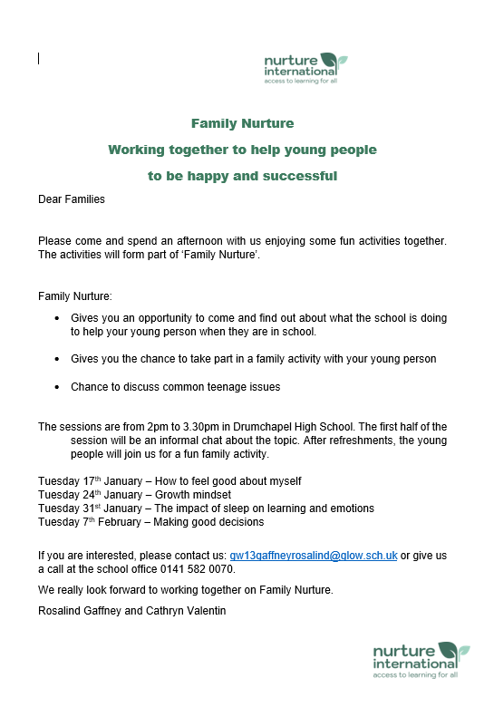 See information on our Family Nurture afternoons :)