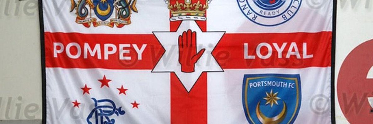 AllGamesBeta's tweet photo. Baffles me why so many English football fans pretend they support rangers or Celtic as second team and put rangers crest on Pompey flag?? #Pompey #Rangers #RangersFC #RFC #football #efl #SPFL #England #Scotland #English #Scottish https://t.co/mWMgpMbR9R